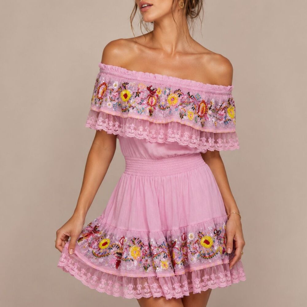 Boston Proper Pink Cotton Lace Sequin Off Shoulder Dress Boho Resort Party L